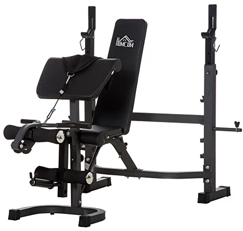 HOMCOM Banco de Musculación Multifuncional Banco de Pesas con Respaldo Inclinable y Soporte de Barras Altura Ajustable para Entrenamiento Cuerpo Completo Ginmasio Carga 300 kg 187x140x117-136 cm Negro