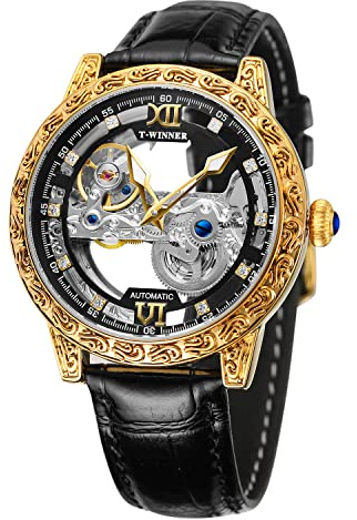 FORSINING Men's Luxury Skeleton Tourbillon Mechanical Automatic Watch, Transparent Dial, Roman Numeral, 30M Water Resistant, Black Stainless Steel Bracelet, AH526