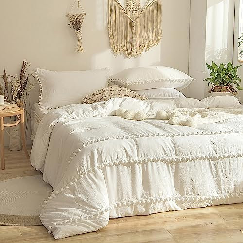 Yaofeiou Vintage Böhmen Bettwäsche 135x200 4Teilig Romantisch Quaste Pom Pom Bettwäsche Weiß Gewaschene Microfaser Bettwäsche Boho Doppelbett Bettwaren-Set 2 Bettbezug und 2 Kissenbezug 80x80