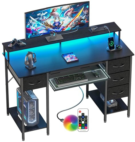 BEXEVUE Scrivania Moderna LED con Ciabatta - 120x50cm Scrivania Gaming Tavolo Computer con Supporto Monitor Vassoio per Tastiera, 4 Cassetti Reversibili, Grande Spazio Studio Gioco Lavoro Casa Ufficio