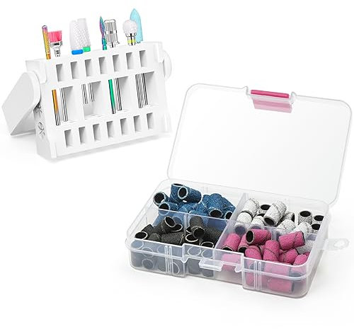 Ecagewill Professionale Punte Fresa Unghie Kit, 8 Pezzi da 3/32 Punte Fresa Unghie Ceramica Con 80 Fasce Abrasive Colorate Per Trapano Per Unghie, Rimozione Gel Cuticole (Bianco Portapunte)