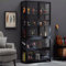KUYATE Glasvitrine, antiker Vitrine mit Glastür, antiker Schrank, Vitrine, natürlicher Bambusrahmen, Einzel-/Doppeltür-Design, praktische Aufbewahrung, 80 x 32 x 170 cm, Schwarz