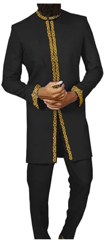Gefomuofe Conjunto de Dashiki para hombre Traje étnico tradicional Traje casual Acogedor Vestidos étnicos de dos piezas Bata africana, Negro , L