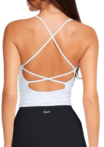 Danysu Sculpt Workout Tank Tops Women Longline Sports Bras Workout Tops for Women Light Support Strappy Padded Yoga Top V Neck Lucent White S