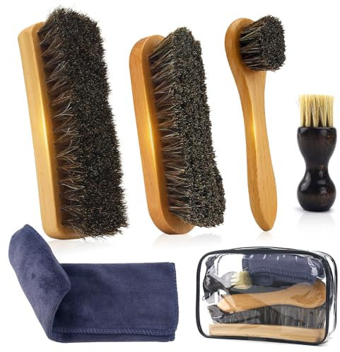 IKI Schuhbürste 6 TLG - Schuhputzbürste mit Rosshaarbürste, Schweinebürste, Mikrofasertuch & Tragetasche - Schuhbürsten Set zum Reinigen, Pflegen und Polieren von Lederschuhen und -stiefeln