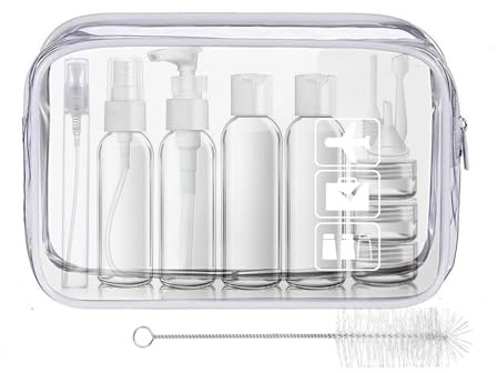 MORICOH White Clear Toiletry Bag, 14PC Travel Bottles Set for Toiletries and 1 Flight Airport Security Liquid Bag(20cm x 20cm), 100ml Travel Bottles - Compliant EU & UK Hand Luggage Regulation