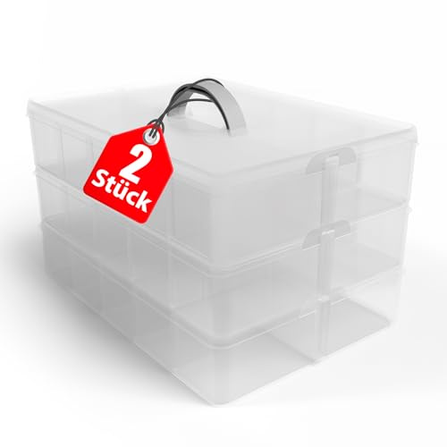 BigDean Sortierbox 2 Stück Aufbewahrung mit Griff, Transparent, 24 x 18,5 x 16 cm, 3 Etagen m. 21 Fächern,für Spielzeug,Büro-Utensilien,Bastel-Material,Kleinteile