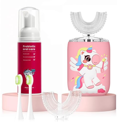 ELOTAME Kids Electric U Shaped Toothbrush, Kids Unicorn Sonic Automatic Toothbrush with 4 Soft Brush Heads with Toothpaste - (Age 2-7, Pink)