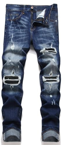 AITITIA Men's Ripped Regular Fit Stretch Jeans, Dark Wash, 40