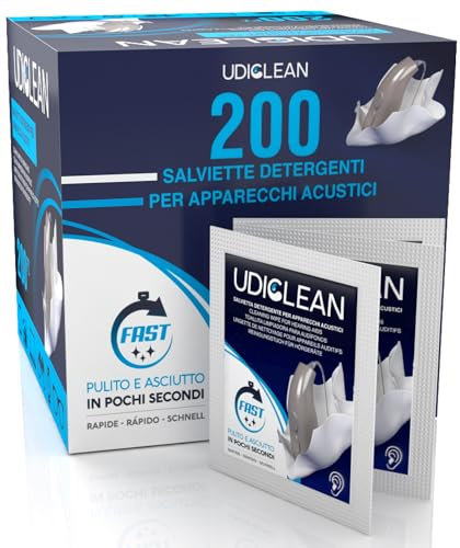 200 Hörgeräte-Reinigungstücher - Udiclean Hörgeräte-Reinigungstücher - einzeln verpackt - entfernt Fett Schweiß Schmutz - schnelltrocknende Reinigung