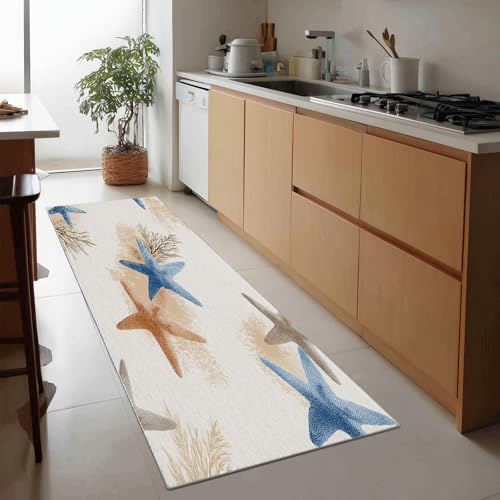 Generisch Shabby Chic Küchen Läufer Teppich 50 x 140 cm für Flur, Ozean Koralle Seestern Läuferteppiche Waschbare Kitchen Runner Teppicheläufer für Entryway Wäsche Daneben