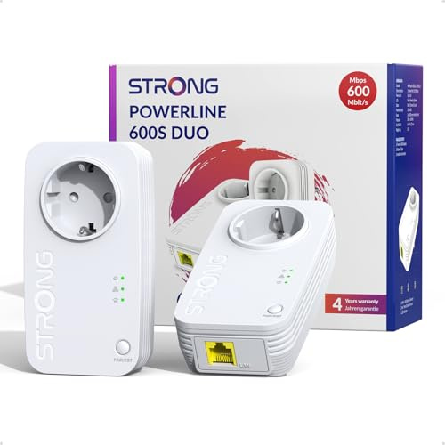 STRONG AV600 Mbps Powerline-kit med genomströmning, integrerat uttag, Powerline Ethernet HomePlug & Play-repeater, Plug & Play, kompatibel med router, energisparläge, 100 Mbps LAN-port