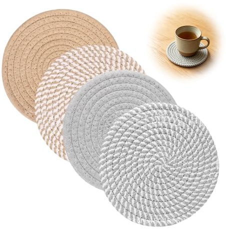Topfuntersetzer Set aus Baumwollgarn, Runde Geflochtene Untersetzer, 4er Set 11 cm, Weiche Schalen- und Tassenunterlagen, Tischschoner für Heiße Tassen und Kleine Töpfe