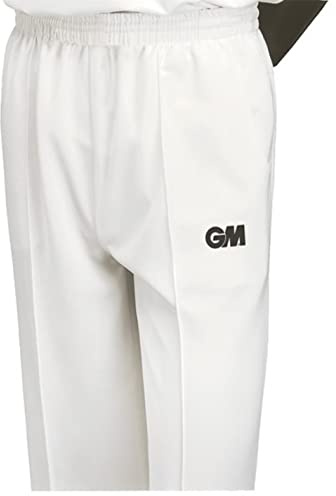 Gunn & Moore GM | Cricket Trousers, Athletic Fit Elasticated Waist 2 Pockets, Quick Drying & Enhanced Moisture Management, Off White with GM | Logo, S Boys - Waist 25-26 Unfinished Hem