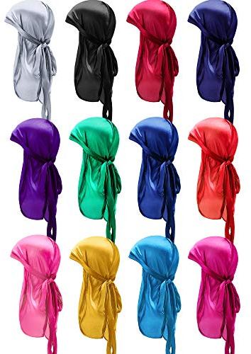 12 Piezas Gorras Sedosas de Durag Suave Pañuelos Envolturas de Cabeza de Cola Larga Gorro Elástico para Favores de Mujer Hombre, 12 Colores