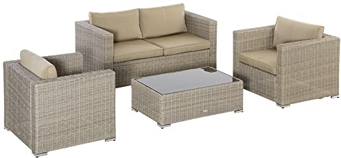Outsunny Set Mobili da Giardino 4 Pezzi in Rattan PE, Salotto da Esterno con 1 Divano, 2 Poltrone, 1 Tavolino e Cuscini Rimovibili e Lavabili, Kaki e Beige