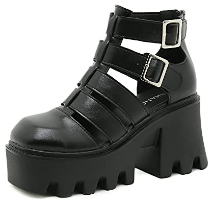 WeFloHsL Sandali Gladiatore con Tacco A Blocco Plateau da Donna Scarpe Mary Jane Punta Chiusa Cinturino alla Caviglia Goth Punk Scarpe,Nero,39 EU