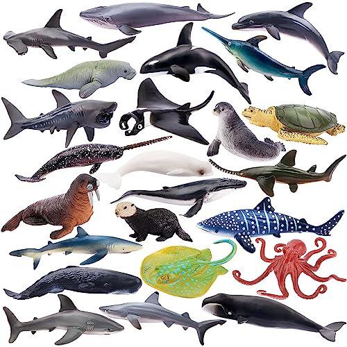 TOYMANY 24PCS Mini Sea Animal Figures, Realistic Ocean Animals Figurines Cake Topper Toy Set with Sharks Whales Octopus, Easter Egg Christmas Birthday Gift Party Favor School Project for Kids Toddlers