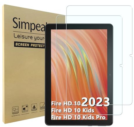 Simpeak 2-Stück Schutzglas Kompatibel für Fire HD 10/HD 10 Kids Pro/Kids 10.1 2023, 9H Hartglas Temperat Glas Screen Protektor, Displayschutz [Kratzfest] [Bläschenfrei]