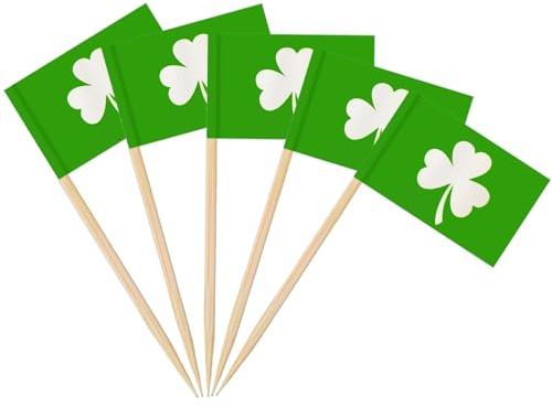 AhfuLife 200 Bandierine per Stuzzicadenti per il Giorno di San Patrizio, Decorazioni per Torte, Trifoglio Irlandese, Bandiera Irlandese, per Panini, Cibo, Cupcake, Stoviglie, Coppa del mondo