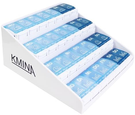 KMINA - Tablettenbox 7 Tage 4 Fächer, Pillendose Groß, Medikamentendosierer für zu Hause, Morgens Mittags Abends Nachts