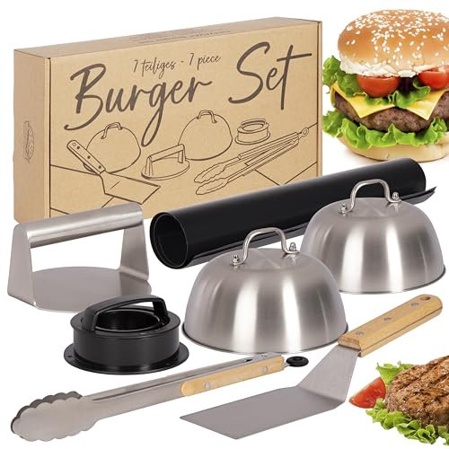 ONVAYA® Burger Set ǀ 8 Teile inkl. Edelstahl Burgerglocke und Smash Burgerpresse ǀ Smash-Burger-Set mit Grillmatte, Wender und Schmelzglocke ǀ Burger Smasher ǀ Grillglocke