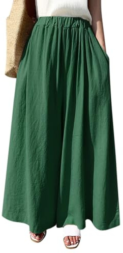 Onsoyours Pantalons Femme Lin Fluide Large Grande Taille Eté Décontractée Baggy Pantalon Taille Élastique Jupe-Culotte Fluide Pantalon Ample Léger Chic avec Poches A Vert Taille Unique