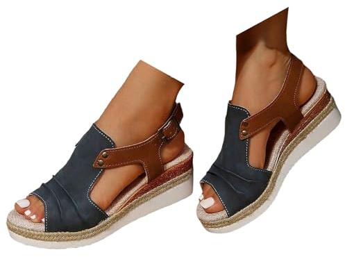 Sandales compensées pour femme - Espadrilles en cuir pour femme - Bout ouvert - Sangle de cheville - Décontractées - Élégantes - Pour l'été - Plate-forme - Sandales à enfiler - Talons compensés, 40 EU