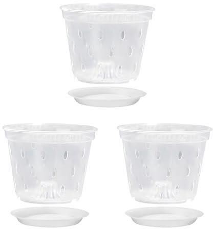 JIHUOO Lot de 3 pots à orchidée en plastique transparent respirant avec trous de drainage et soucoupes 15 cm
