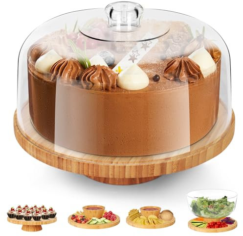 Myiosus Presentoir a Gateau, 6 en 1 Porte Cloche à Gateau Sur Pied en Acrylique, Support Gâteau en Bois avec Cloche, Dôme à Gâteaux Rond pour Mariage et Fête d'Anniversaire, Ø 28 cm