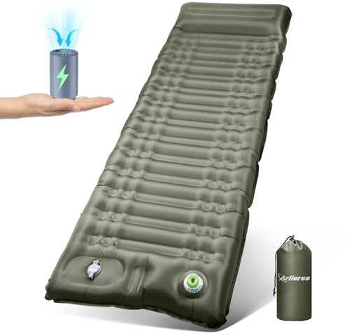 Arlierss Colchoneta eléctrica autoinflable, 12 cm de grosor, para camping, con cojín, ultraligera, impermeable, antideslizante, colchón de aire para exteriores, viajes, senderismo, playa, verde