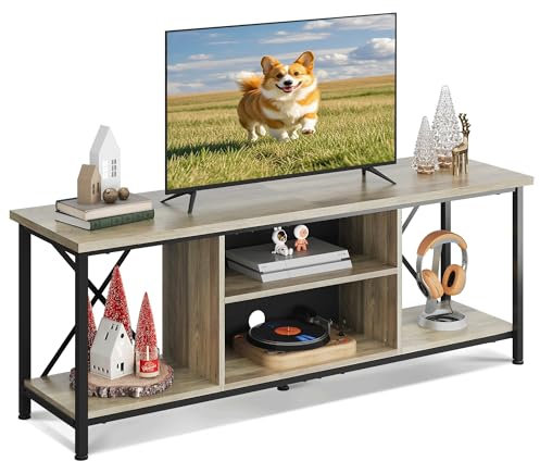 WLIVE TV Schrank Lowboard für Fernseher bis zu 65 Zoll, Fernsehschrank TV Board mit Offenen Stauraum, 140 x 40 x 49 cm, Fernsehtisch für Wohnzimmer und Schlafzimmer, Grau