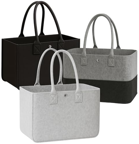 FZSECRIU 3 Stück Filztasche Einkaufstasche，Filztasche Groß，Faltbar Filzkorb 28L， Tragetasche Filz Shopper zur Einkaufen，Reisen，Arbeit，Picknick，Spielzeug，Aufbewahrung(38x25x25cm)
