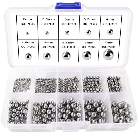 Lyeteung 570 PCS 10 Sizes 2/2.5/3/3.5/4/4.5/5/5.5/6/7 mm Precision Steel Bearing Ball Assortment Kit, for Bicycles, Skateboard, Motorcycles, Casters