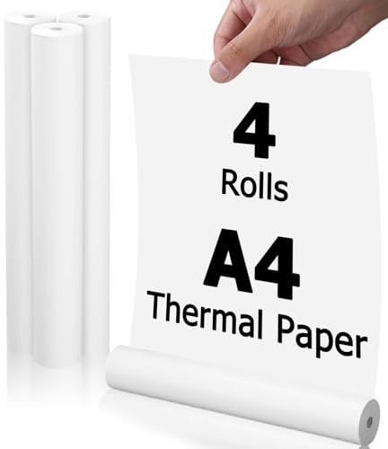 4 Rollos Papel Térmico A4, Papel Termico Impresora A4, Secado Rápido y Libre de BPA, para Impresoras Termica Portatil, Impresión de Documentos, Facturas, Fotos y Etiquetas, 8.7m /Rollo