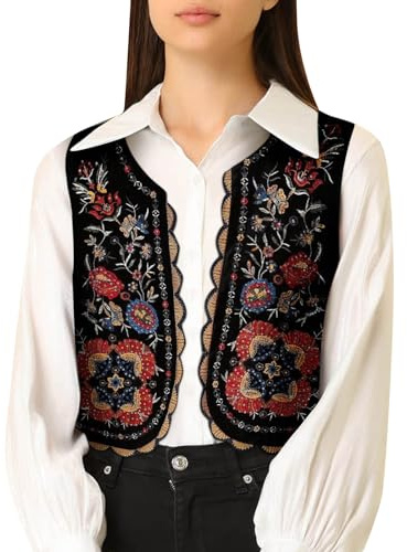 Generisch Gilet floral brodé sans manches en lin pour femme - Chemisier avec fleurs au crochet - Cardigan - Haut pour une élégance décontractée, Noir , L