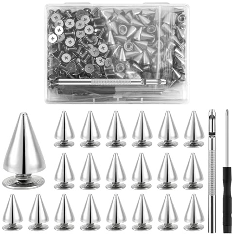 200 Pcs Cone Studs Spikes, 7x10mm Punk Studs for Clothing Leather Rivets with Screwbacks and Screwdriver, DIY Metal Studs for Jacket Bags Shoes Clothing Decoration (Silver)