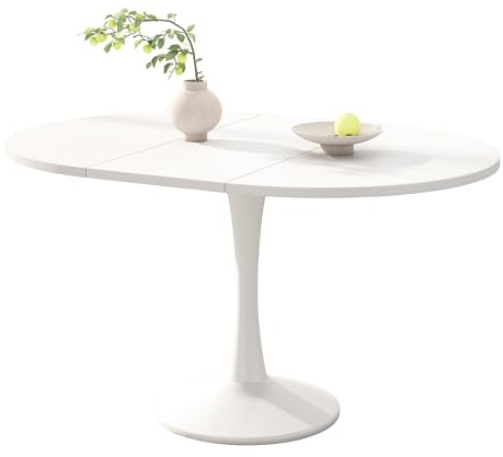 PLLBIKK 1 tavolo da pranzo rotondo allungabile salvaspazio, con superficie in legno facile da pulire e base stabile a colonna, 90-130 cm, per fino a 8 persone (bianco)