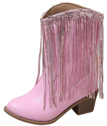 Bottes western pour filles - Bottines de cowboy à pompons - Talon épais - Automne et hiver - Chaussures d'extérieur décontractées pour les vacances, les excursions dans le jardin et le week-end