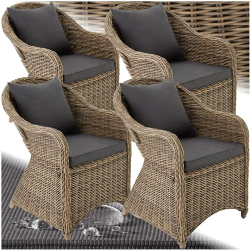 tectake® 4er Set Rattansessel, Polyrattan Gartenstühle mit Aluminiumgestell, Outdoor Korbsessel mit weichen Sitzpolstern, wetterfest, Rattan Stuhl für Garten Terrasse Balkon und Wintergarten - Natur