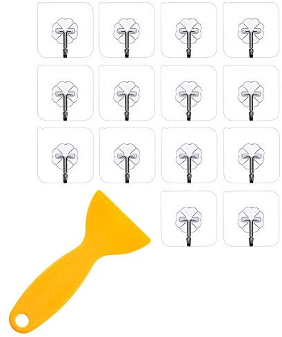 Adhesive Hooks 14Packs Heavy Duty Wall Hooks 15Lbs(Max) Self Adhesive Wall Hanger Towel Hooks for Bathrooms Strong Hold for Kitchen Bathroom Clothes Office(Free Scraper)