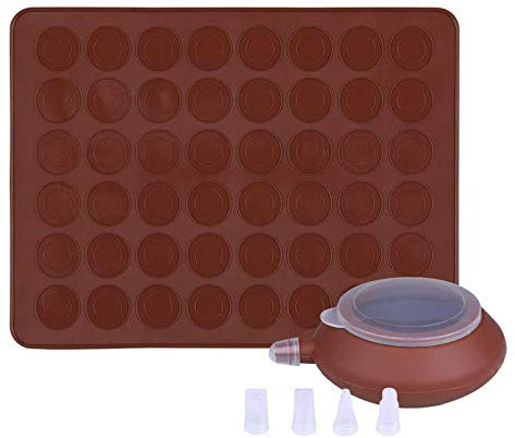 TheStriven Tapis de Cuisson Macarons en Silicone Plaque à Macarons en Silicone 48 Coques Macaron Cuisson Tapis Moule Macaron Molde avec 1 Poche à Douille et 5 Douilles de Formes Differentes