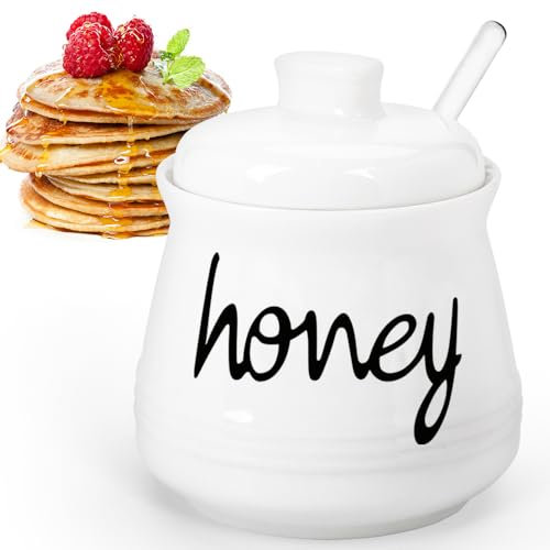 Cyimi Honey Pot, Ceramic Honey Pot with Lid and Glass Dipper for Home Kitchen, Porcelain Honey Dispenser Jar, 12 Oz/355ML, White