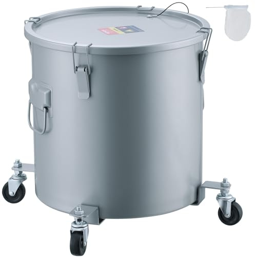 VEVOR Fryer Grease Bucket, Coated Carbon Steel Oil Filter Pot with Caster Base, Oil Disposal Caddy with 82 LBS Capacity, Transport Container with Lid Lock Clip Nylon Filter Bag, Silver
