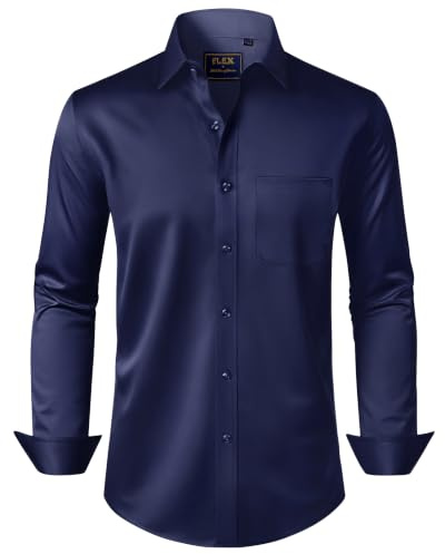 J.VER Mens Dress Shirts Long Sleeve Stretch Formal Non Iron Navy Regular Fit Business Casual Work Office Shirt with Pocket L