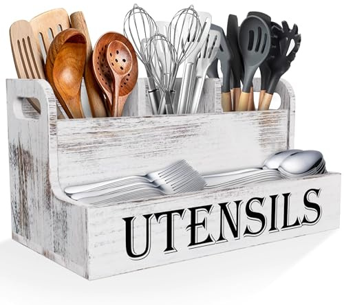 Suli Soporte extragrande para utensilios de cocina con 4 compartimentos, organizador de utensilios de madera blanca para encimera de cocina, almacenamiento de utensilios de estilo granja, utensilios