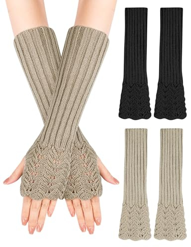 MELLIEX Mitaines Femme à Manches Longues - Gants Chauffe Bras Tricotés Longs Demi-Doigts pour Hiver (2 Paires)