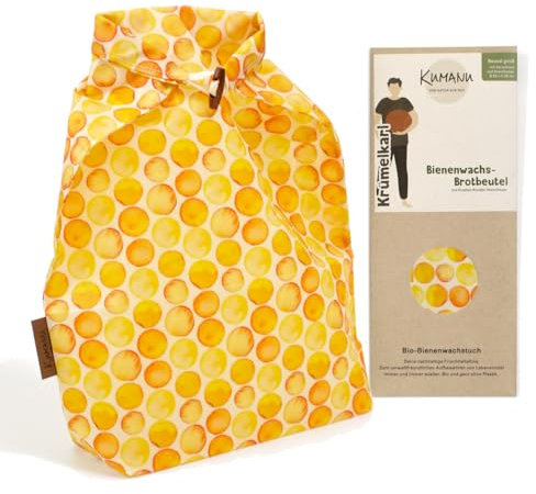 Kumanu | Bio-Bienenwachstuch - Brotbeutel KRÜMELKARL | H 35cm x B 29cm | mit Standboden und Verschluss |natürlich und plastikfrei frischhalten | handgemacht in Tirol (gelbe Kreise)