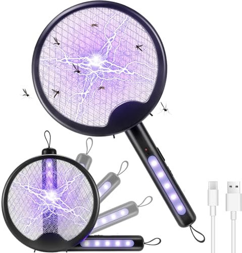 Elektrische Fliegenklatsche 3000V Insektenvernichter Tragbarer, USB Wiederaufladbarer 2000mAh, UV-hängende Fliegenfänger, Zusammenklappbar, für Mücken, Fliegen, Bienen, Motten