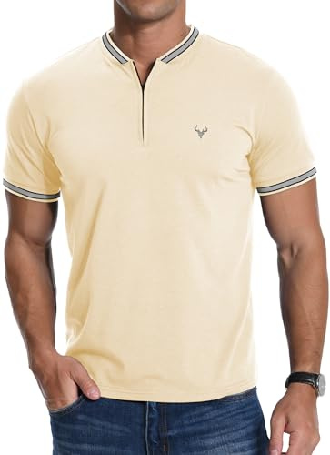 MLANM Men's Zip Henley Cotton Short Sleeve T-Shirt | Deer Head Embroidery, Breathable, Stretchy, Lightweight, Slim Fit, Skin-Friendly, Ideal for Summer, Daily, Office & Casual